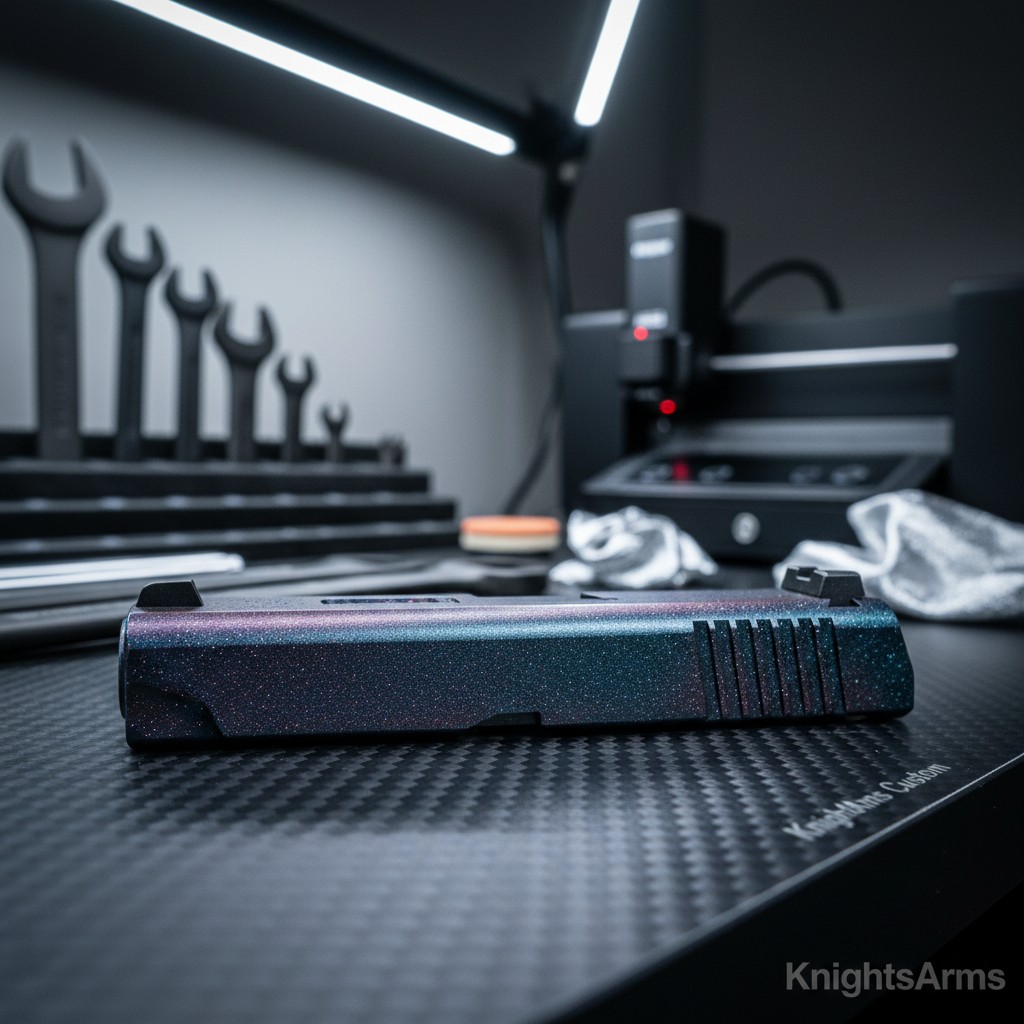 The alt text for the image is: "Black Glock slide with a pink and blue galaxy pattern, placed on a black carbon fiber benc...